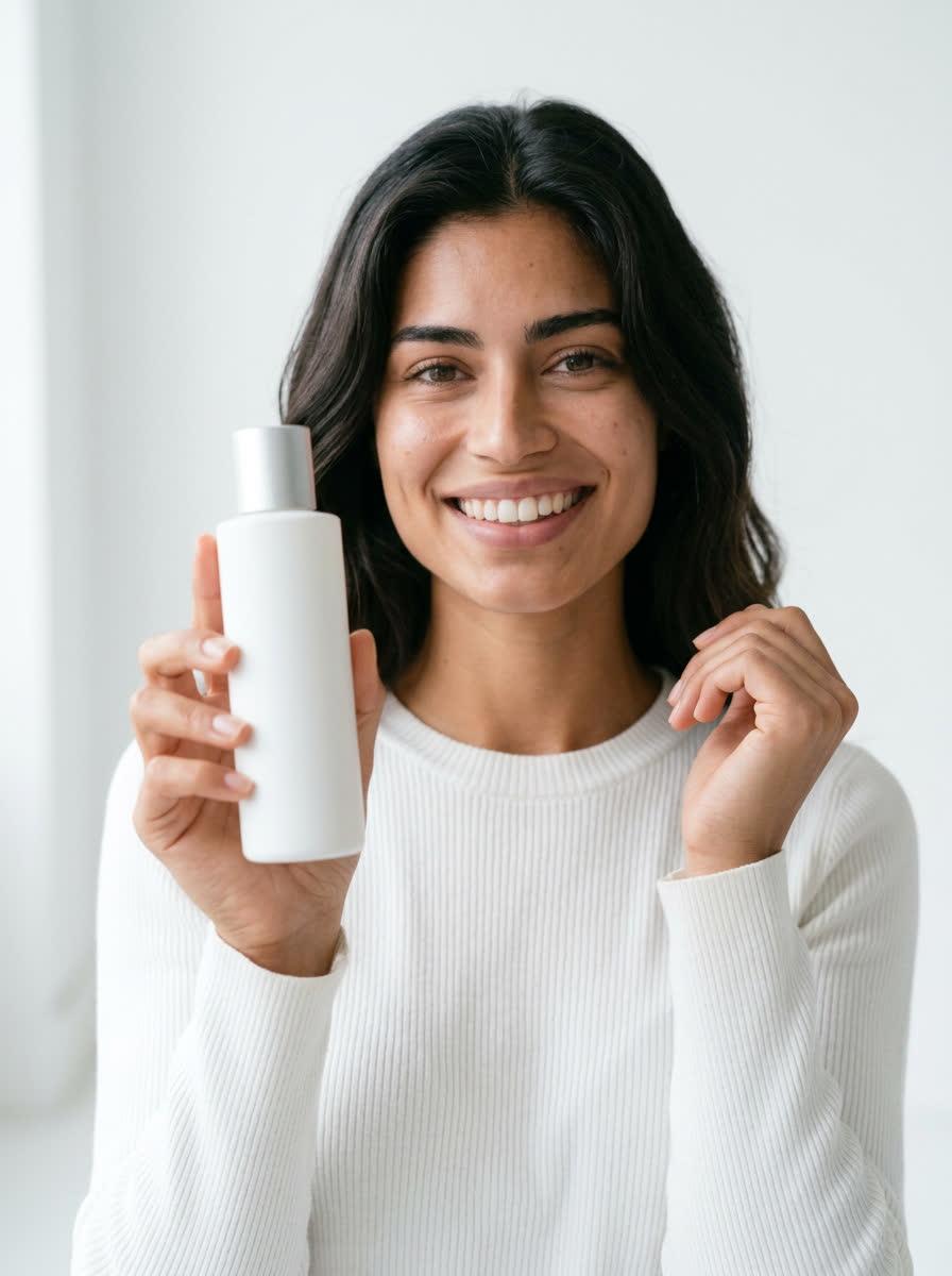 Sofia presenting a skincare bottle to camera, the kind of shot a brand pays for